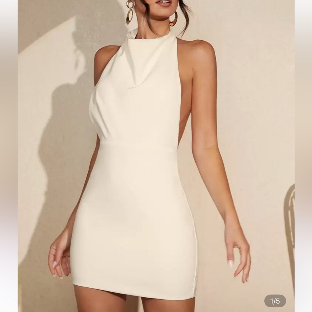 SHEIN Cream Backless Halter Dress